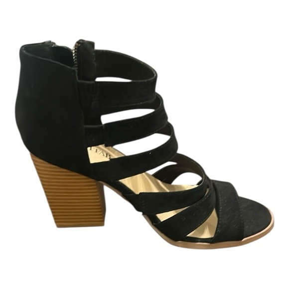 Just Fab Microfibre Strappy Open Toe Chunky Wooden Heels Sandals Black Size 8 - Picture 1 of 14